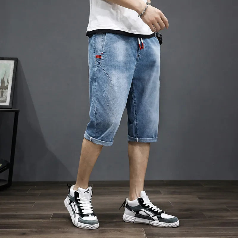 Pantalones cortos vaqueros de talla grande para hombre, pantalones largos tipo Bermudas de talla grande, pantalones vaqueros cortos para hombre, pantalones Capri 3/4 de verano 2023 para hombre 10XL 6XL 7XL azul