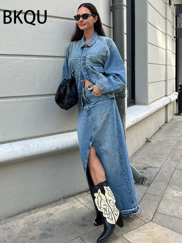 New Front Slit Denim Skirts Women 2024 Casual High Waist Office Lady Long Skirt Streetwear Blue Frayed Raw Hem Jean Skirt