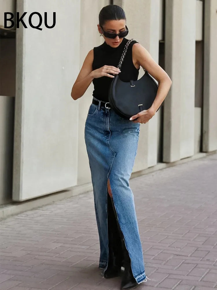 New Front Slit Denim Skirts Women 2024 Casual High Waist Office Lady Long Skirt Streetwear Blue Frayed Raw Hem Jean Skirt