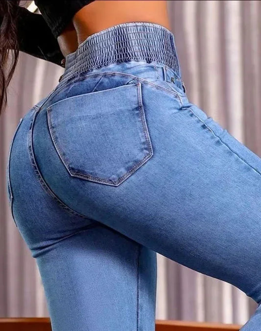ALLUKASA 2026 autumn winter Elegant High Waist Button Front Casual Female Jeans Sexy Fashion Back Shirred Trouser Bottom