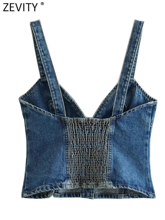 Zevity, blusa vaquera a la moda con cuello en V y una hilera de botones para mujer, blusa elegante con espalda elástica, Blusas Sim Crop Tops LS3773