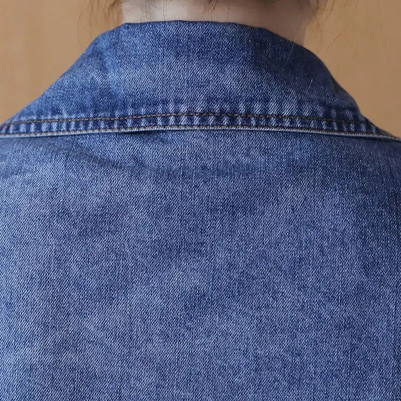 WTEMPO Chaqueta vaquera de manga larga con cuello para mujer, chaqueta vaquera azul dividida media larga, chaqueta lateral deslizante con bolsillos