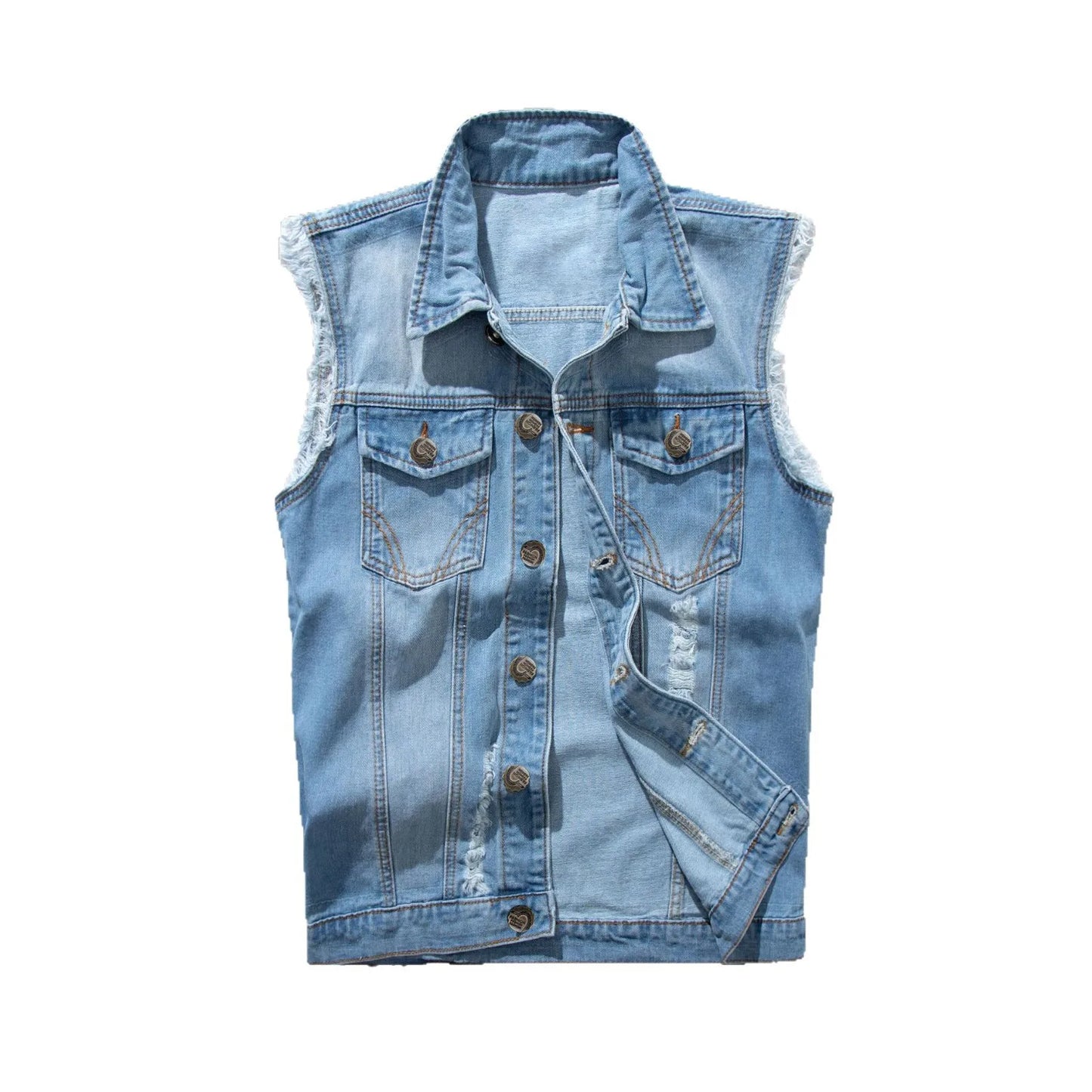 New Fashion Men Ripped Denim Waistcoats Sleeveless Jackets Light Blue Holes Denim Vests Male Cotton Slim Jeans Waistcoats 6XL