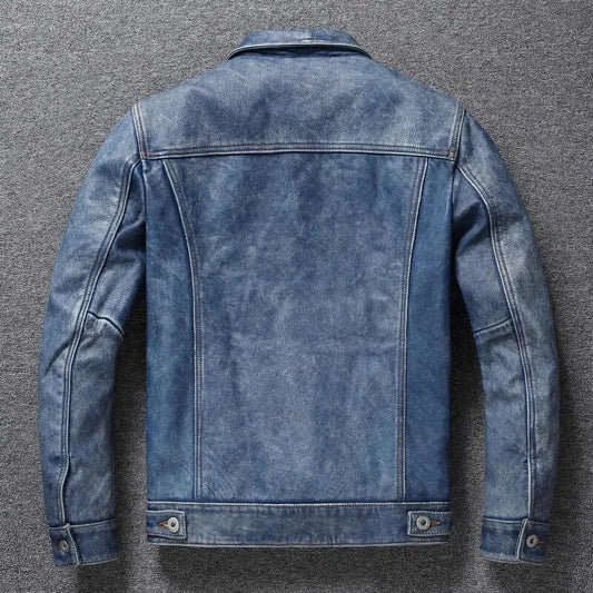 Men Vintage Blue Denim leather jacket.quality slim fit cowhide coat.557 slim fit genuine leather cloth.fashion