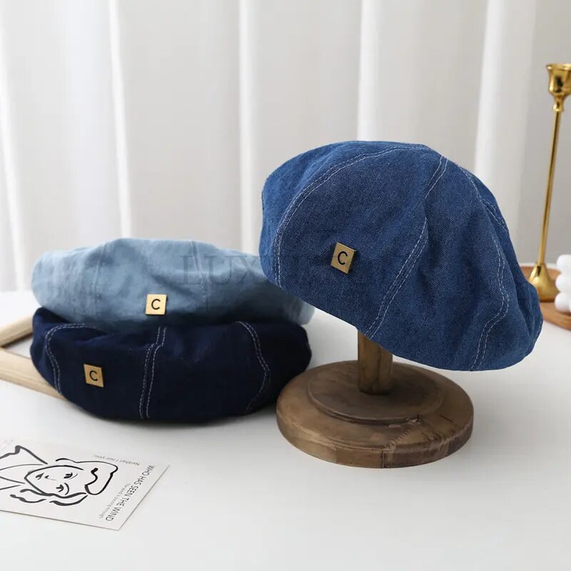 Boinas de mezclilla sombrero Retro Casual primavera y verano sombra pintor gorra alfabeto coreano boina azul sombreros de mujer