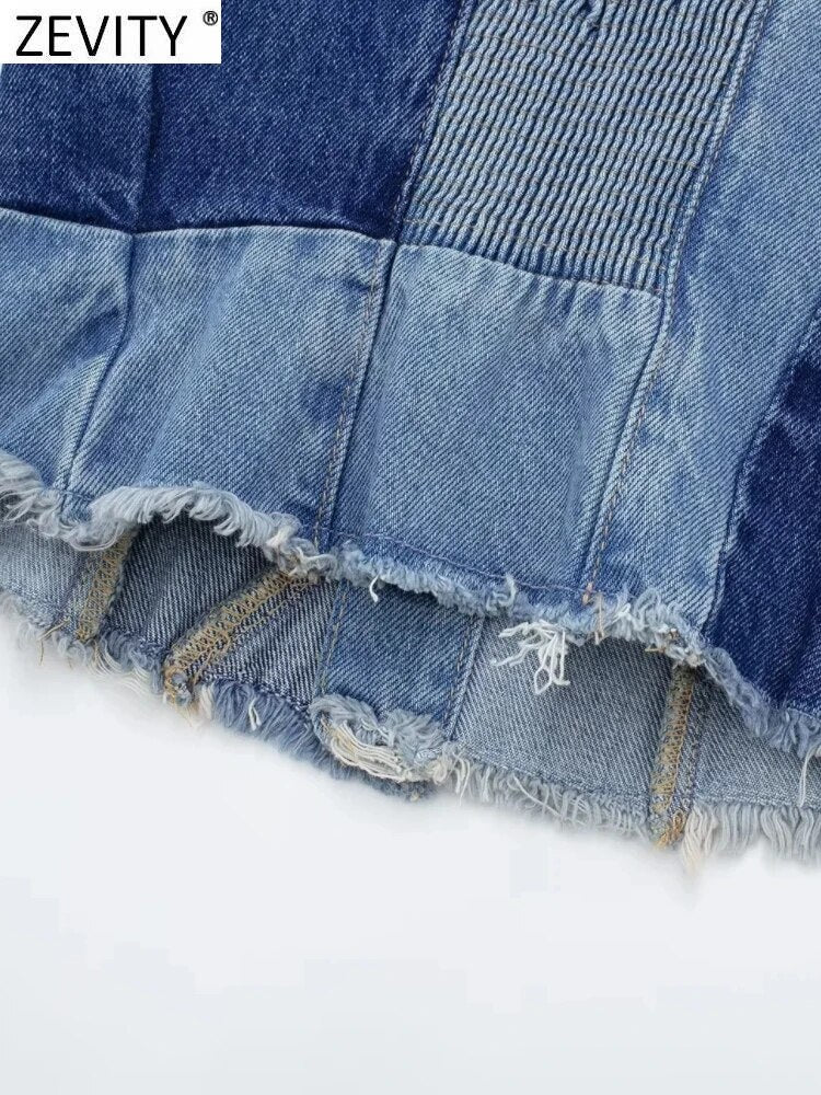 Zevity New Women Vintage Single Breasted Cloth Patchwork Denim Sling Blouse Femme Short Vest Shirt Chic Blusas Crop Tops LS4332