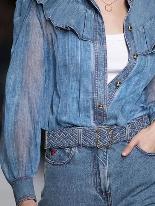 Fashion Pleated Ruffles Shirt Women See Through Long Sleeves Patchwork Design Single-breasted Tops Spring New Clothing