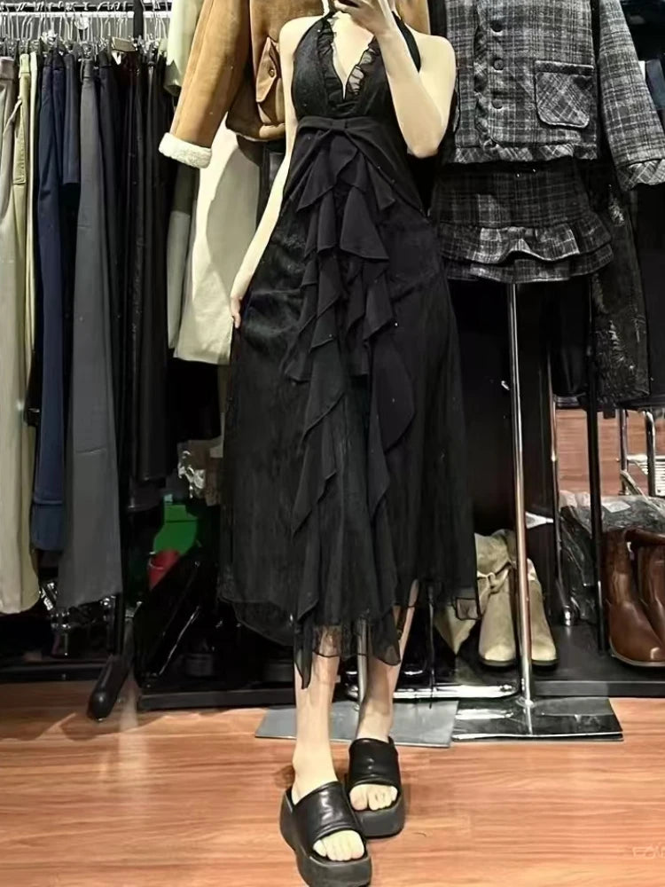 France Vintage Slim Slash Neck Sleeveless Dress Women Gothic Y2k V-neck Black Summer Dresses High Street Chic Skinny Clothing