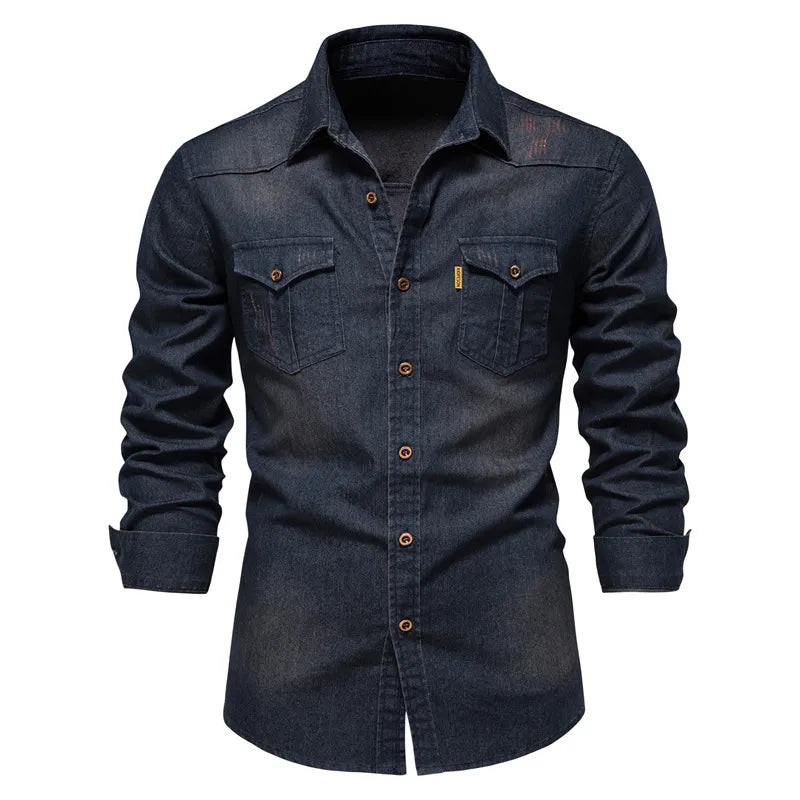 Camisa de manga larga para hombre, blusas vaqueras con decoración de bolsillo, camisa informal con botones de solapa, ropa de calidad de talla grande, primavera y otoño, 2023