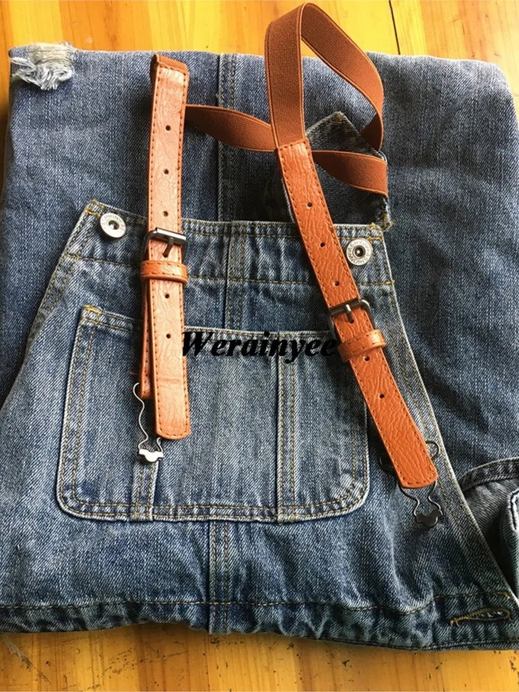 Women Loose Denim Dress Ladies Bleached Holes Denim Dress Female Spaghetti Strap Ripped Vintage Denim Dresses