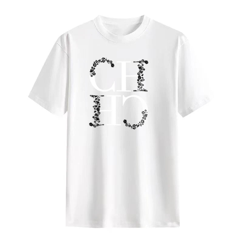 CH Letter Printed Fashionable Black T-shirt Trendy Streetwear Fashionable Men's and Women's Casual Loose Short Sleeved Top