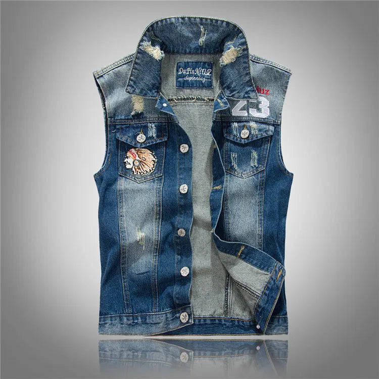 New Fashion Men Light Blue Holes Denim Vests Ripped Denim Sleeveless Jackets Waistcoats Male Cotton Slim Jeans Waistcoats 5XL