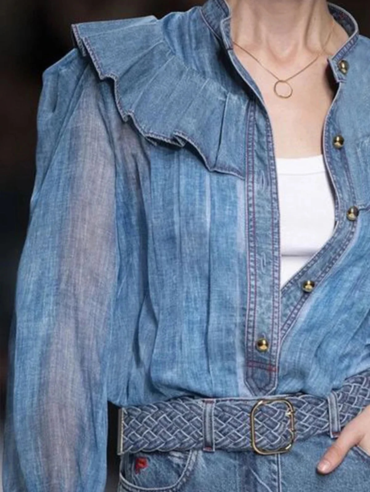 Fashion Pleated Ruffles Shirt Women See Through Long Sleeves Patchwork Design Single-breasted Tops Spring New Clothing