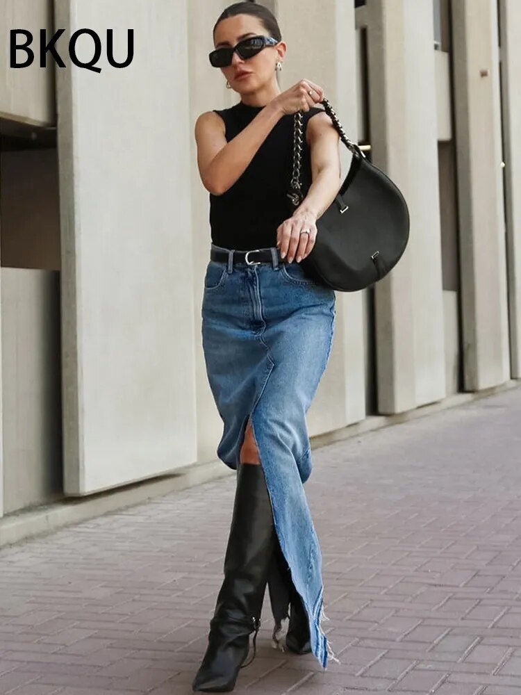 New Front Slit Denim Skirts Women 2024 Casual High Waist Office Lady Long Skirt Streetwear Blue Frayed Raw Hem Jean Skirt