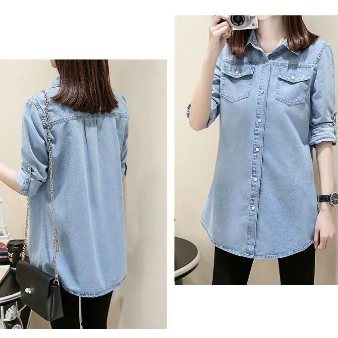 New 2023 Casual Fashionable Denim Shirts Jean Pockets Korean Style Minimalist Autumn Winter Women's Blouses Lady Tops D293