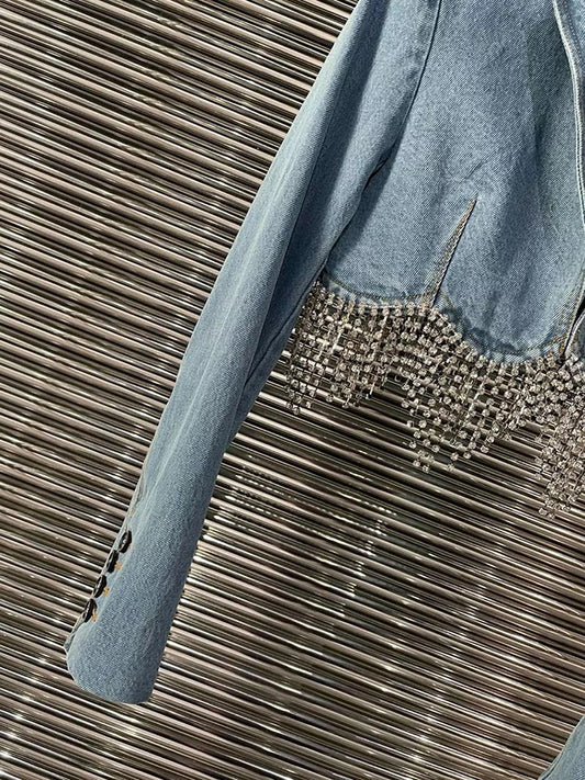 Women's Hem Fringe Diamond Chain Decoration Denim Jacket