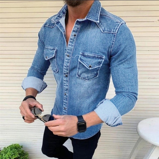 Foreign Trade New European And American Men's Slim Denim Jacket Amazon Casual Long-sleeved Washed Denim Shirt Jacket