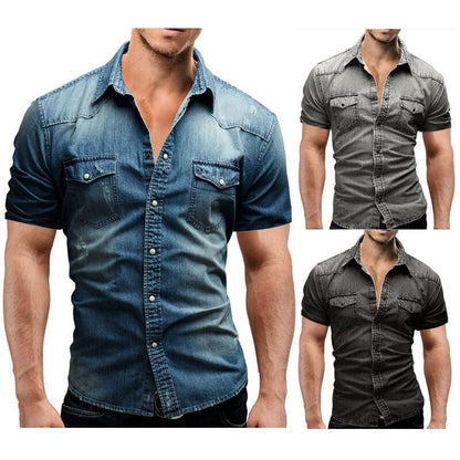 SKU: 3306 Nueva ropa vaquera europea y americana para hombres de comercio exterior Camisas ajustadas de manga corta de mezclilla para hombres 