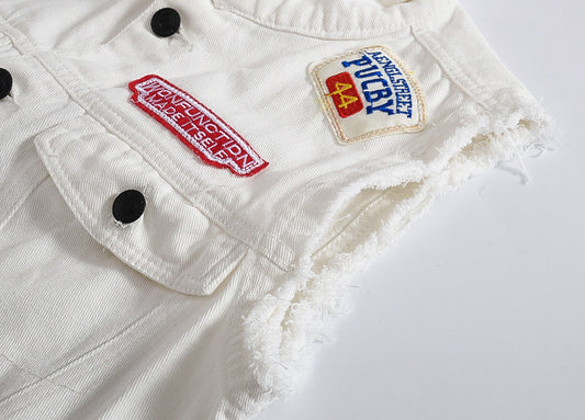 White Denim Vest Denim Vest Personalized Patch Denim Vest
