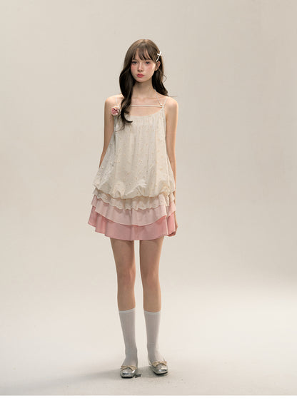 Small Milk Blocks Fu Drawstring Suspender Skirt Gradient Color Dress