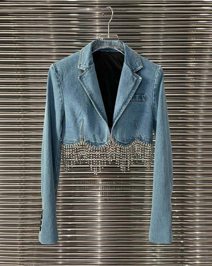 Women's Hem Fringe Diamond Chain Decoration Denim Jacket