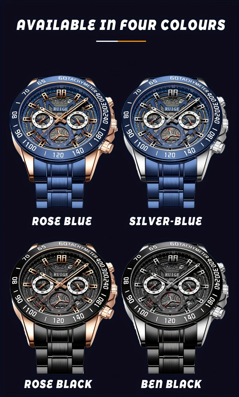 RUIGE Business Fashion Men's Quartz Chronograph, Stainless Steel Multi Functional Men's Watch with Calendar And Night Light