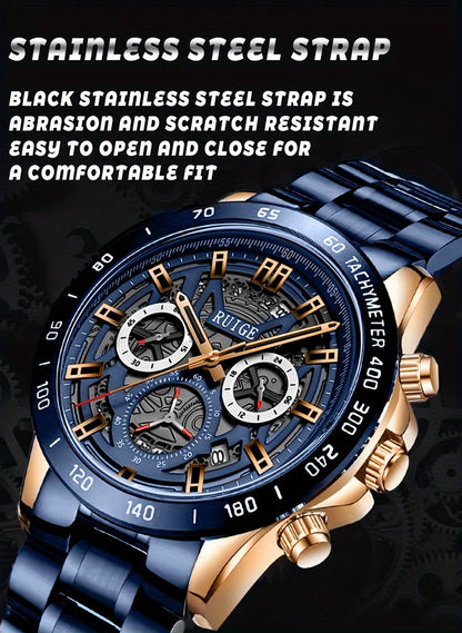 RUIGE Business Fashion Men's Quartz Chronograph, Stainless Steel Multi Functional Men's Watch with Calendar And Night Light