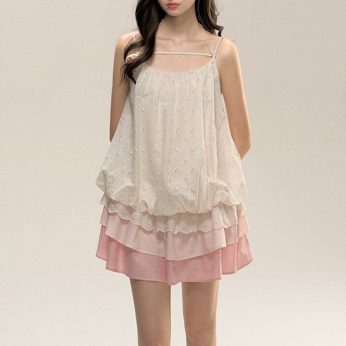 Small Milk Blocks Fu Drawstring Suspender Skirt Gradient Color Dress