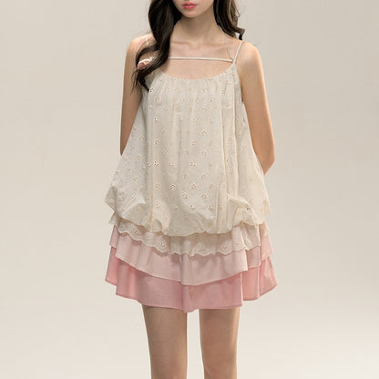 Small Milk Blocks Fu Drawstring Suspender Skirt Gradient Color Dress