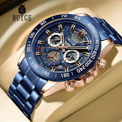 RUIGE Business Fashion Men's Quartz Chronograph, Stainless Steel Multi Functional Men's Watch with Calendar And Night Light