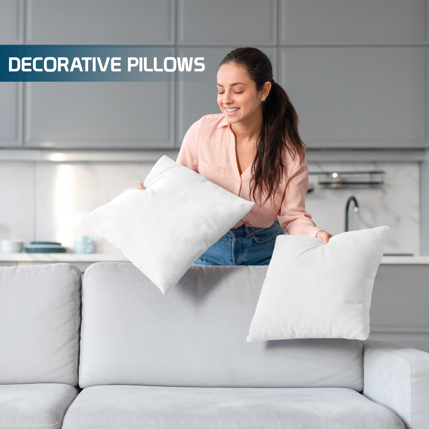 Bedding Throw Pillows (Set of 4, White), 24 x 24 Inches Pillows for Sofa, Bed and Couch Decorative Stuffer Pillows