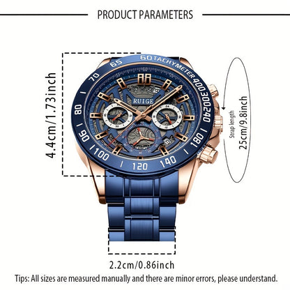 RUIGE Business Fashion Men's Quartz Chronograph, Stainless Steel Multi Functional Men's Watch with Calendar And Night Light