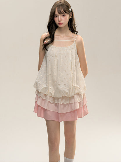 Small Milk Blocks Fu Drawstring Suspender Skirt Gradient Color Dress