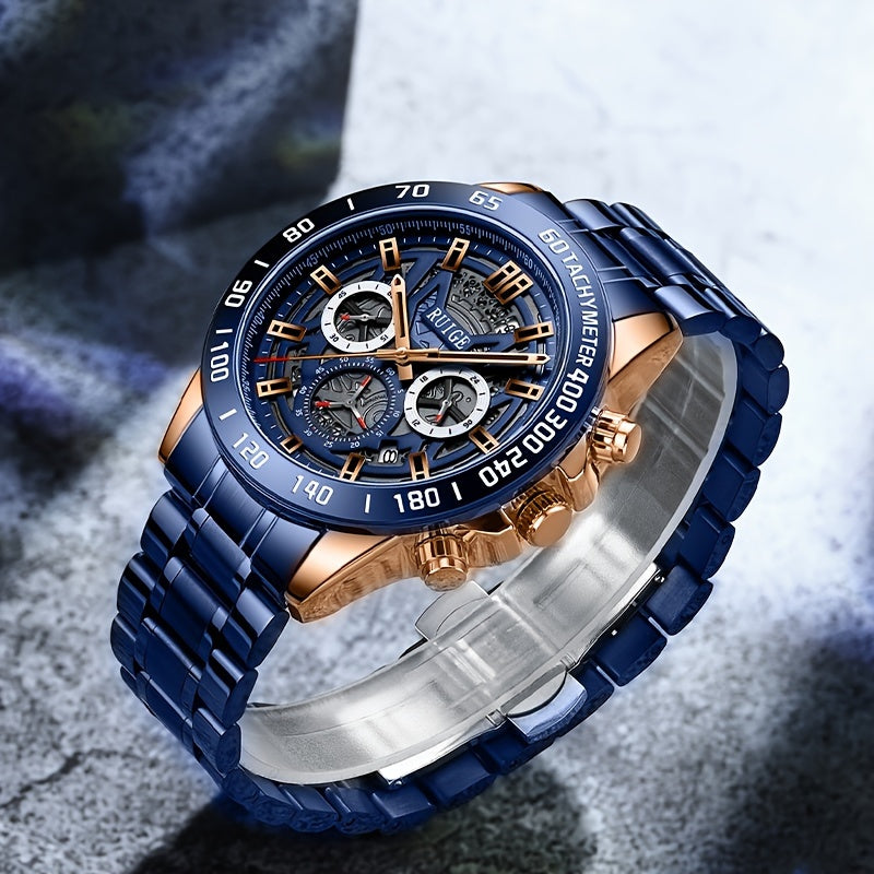 RUIGE Business Fashion Men's Quartz Chronograph, Stainless Steel Multi Functional Men's Watch with Calendar And Night Light