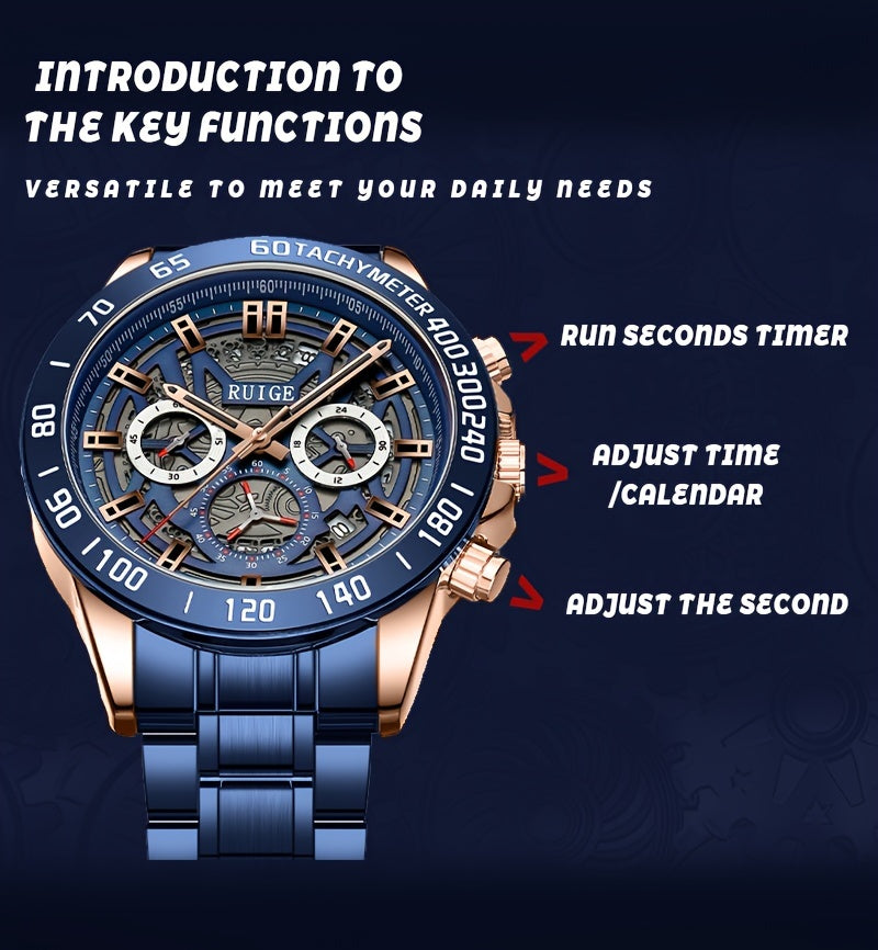 RUIGE Business Fashion Men's Quartz Chronograph, Stainless Steel Multi Functional Men's Watch with Calendar And Night Light