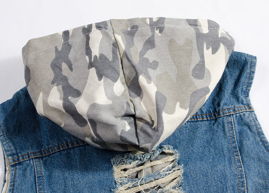 Men's ripped denim vest hooded denim vest