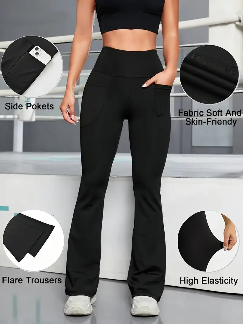Women's Flared Yoga Pants,High-Waisted Stretchy Lounge Pants,Tummy Control Wide Waistband,With Phone Pockets,Sports Yoga Legging
