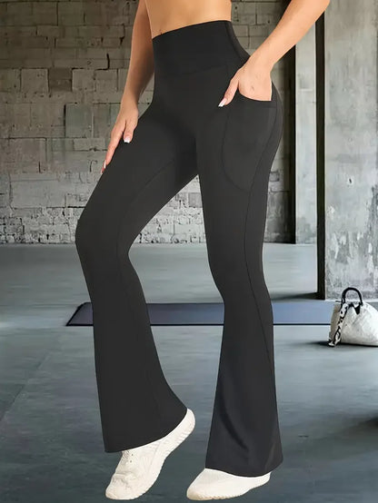 Women's Flared Yoga Pants,High-Waisted Stretchy Lounge Pants,Tummy Control Wide Waistband,With Phone Pockets,Sports Yoga Legging