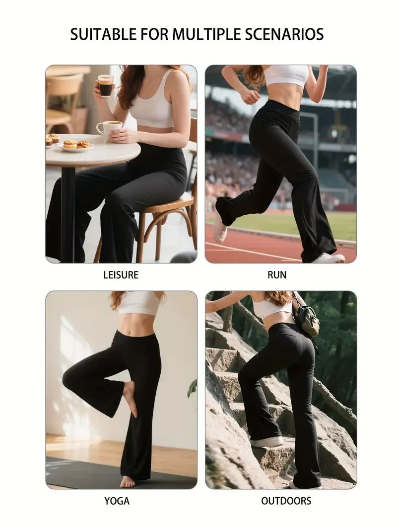 Women's Flared Yoga Pants,High-Waisted Stretchy Lounge Pants,Tummy Control Wide Waistband,With Phone Pockets,Sports Yoga Legging