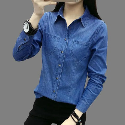 Nueva camisa vaquera para mujer, camisa vaquera a la moda de primavera con bolsillos para mujer, blusas ajustadas de manga larga para mujer, ropa para mujer