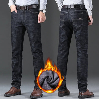 Pantalones vaqueros elásticos de franela abrigados térmicos de invierno para hombre, pantalones de lana de marca famosa de calidad para invierno, pantalones flocados rectos para hombre, pantalones vaqueros para hombre
