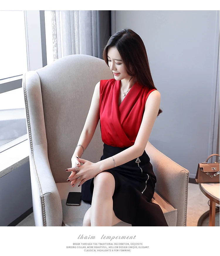 Summer plus Size Women's Sleeveless V Neck Blouse Elegant Sexy Silk T-Shirt Brand Clothes 2025 S-3XL Ladies Tops KE3990