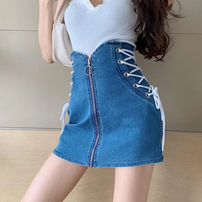 Denim Skirts Women Lace Up High Waist Zipper Mini Skirts Clubwear Sexy Pencil Skirt Warp Slim Vintage Designer Streetwear X201