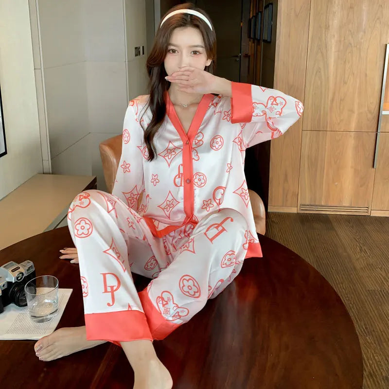 Women Fashion New Pajamas High Quality Sleepwear Luxury Inspired Lounge Wear Two Pieces Long Sleeve Silk Pajamas Set