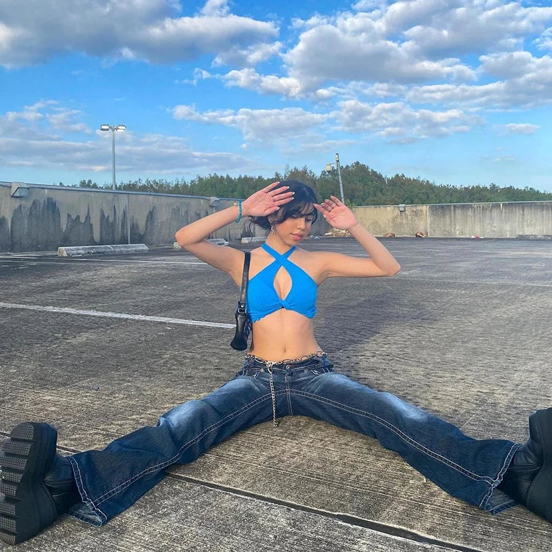 Hot Denim Jeans Y2K Grunge Vintage Low Waisted Pockets Skinny Flare Pants 2000s Retro Cargo Trousers