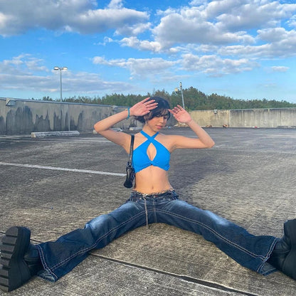 Hot Denim Jeans Y2K Grunge Vintage Low Waisted Pockets Skinny Flare Pants 2000s Retro Cargo Trousers