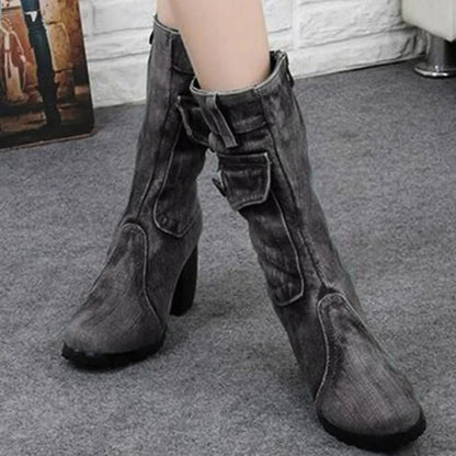 Blue jeans boots Women's Mid-rise Rome Solid Slip-On Chunky Med Heels Boots wild vintage Large Size Ladies shoes