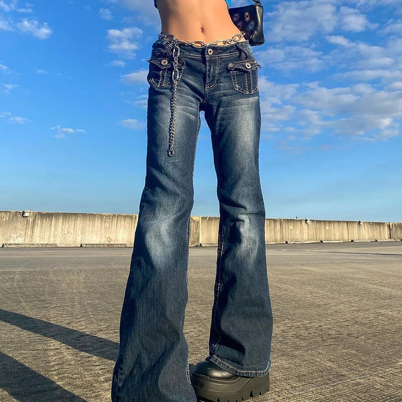 Hot Denim Jeans Y2K Grunge Vintage Low Waisted Pockets Skinny Flare Pants 2000s Retro Cargo Trousers
