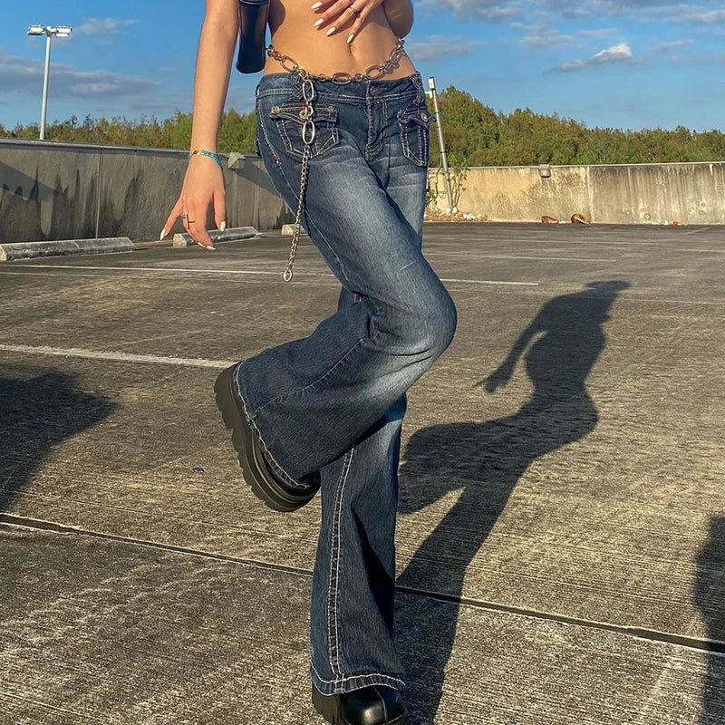Hot Denim Jeans Y2K Grunge Vintage Low Waisted Pockets Skinny Flare Pants 2000s Retro Cargo Trousers