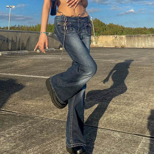 Hot Denim Jeans Y2K Grunge Vintage Low Waisted Pockets Skinny Flare Pants 2000s Retro Cargo Trousers